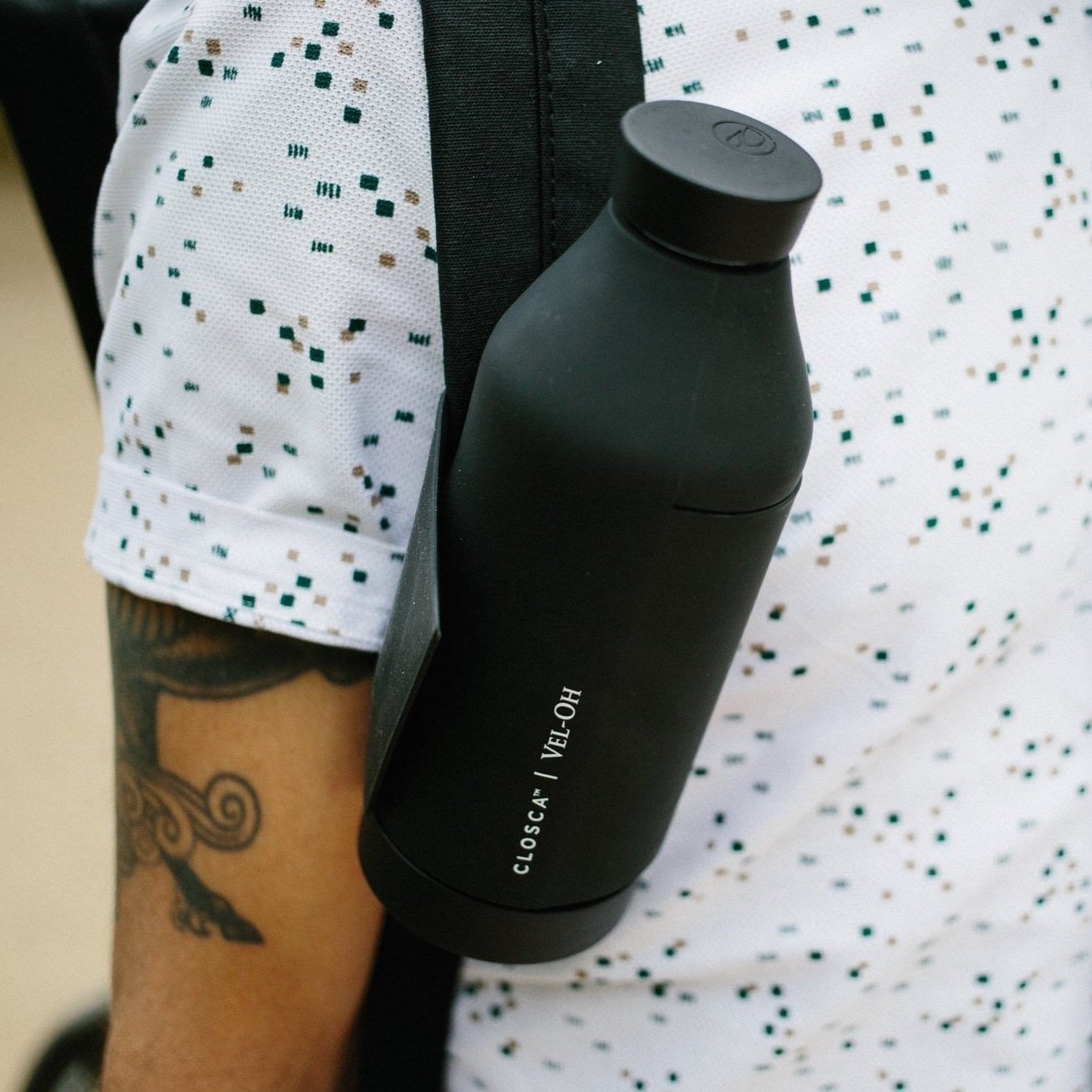 andthen.design Closca x Vel-Oh bottle - Black, wearable bottle, glass water bottle, opens top and bottom.