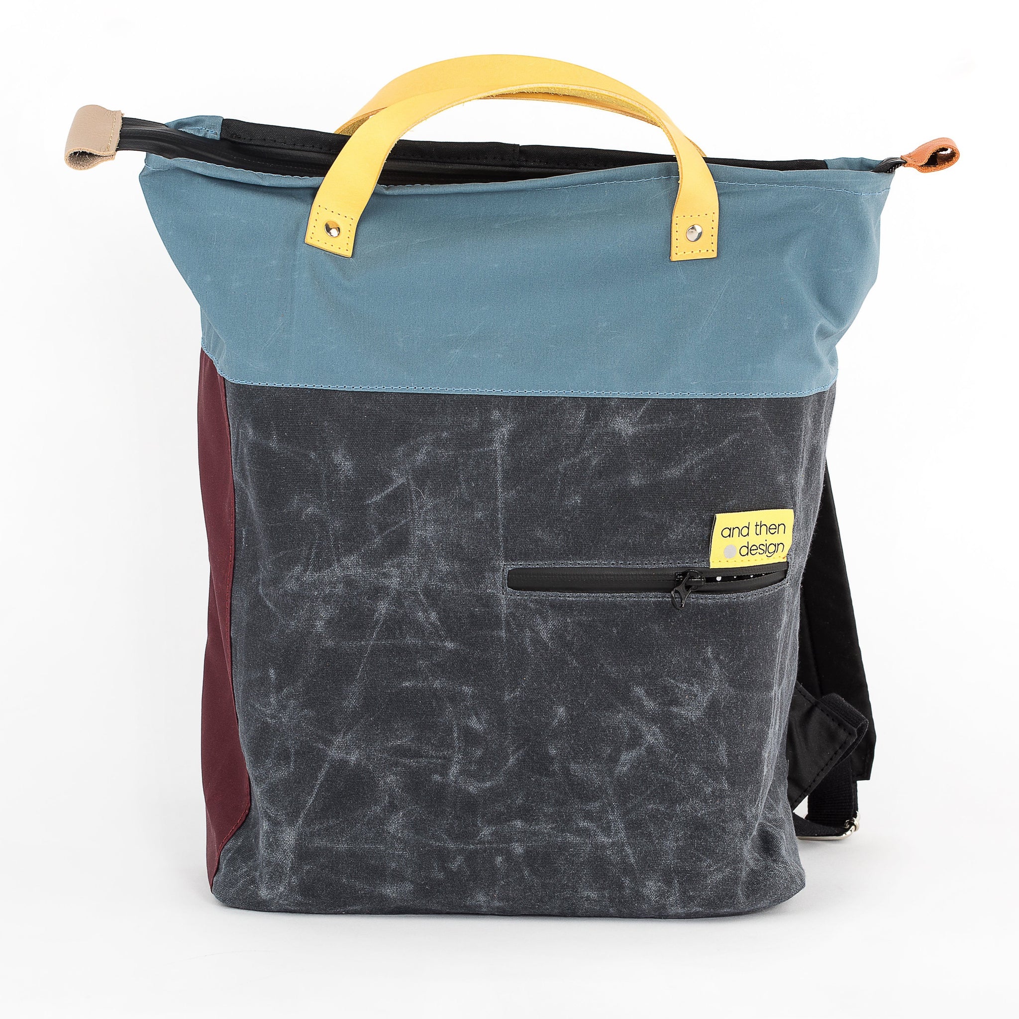 andthen.design an evolution of Vel-Oh.com-Dave | Backpack zero-1 waxed cotton backpack, colourblock backpack, colorblock backpack, zero waste backpack, handmade using off cuts, odd straps