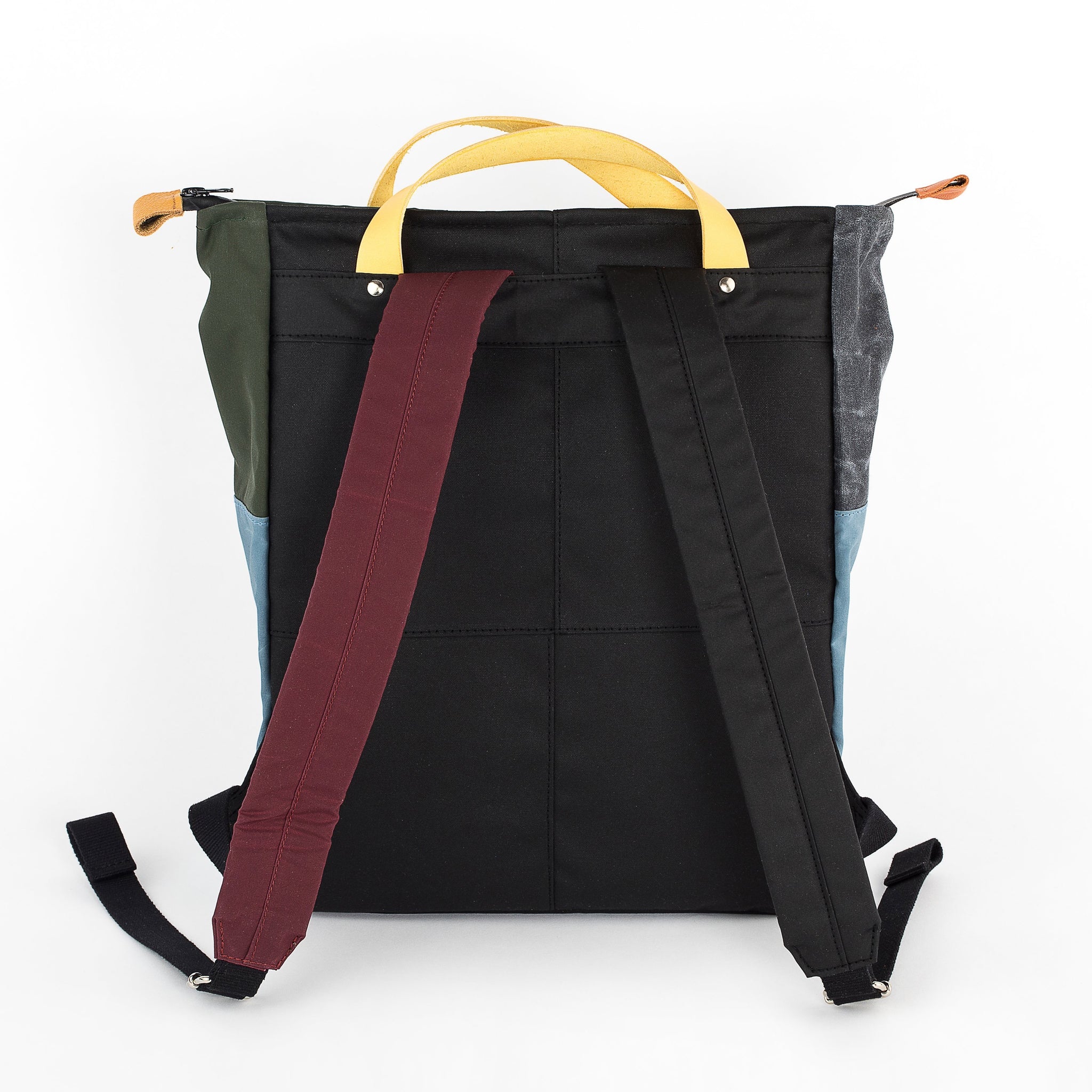 andthen.design an evolution of Vel-Oh.com-Dave | Backpack zero-1 colourblock backpack, odd straps, handmade using offcuts, zero waste backpack