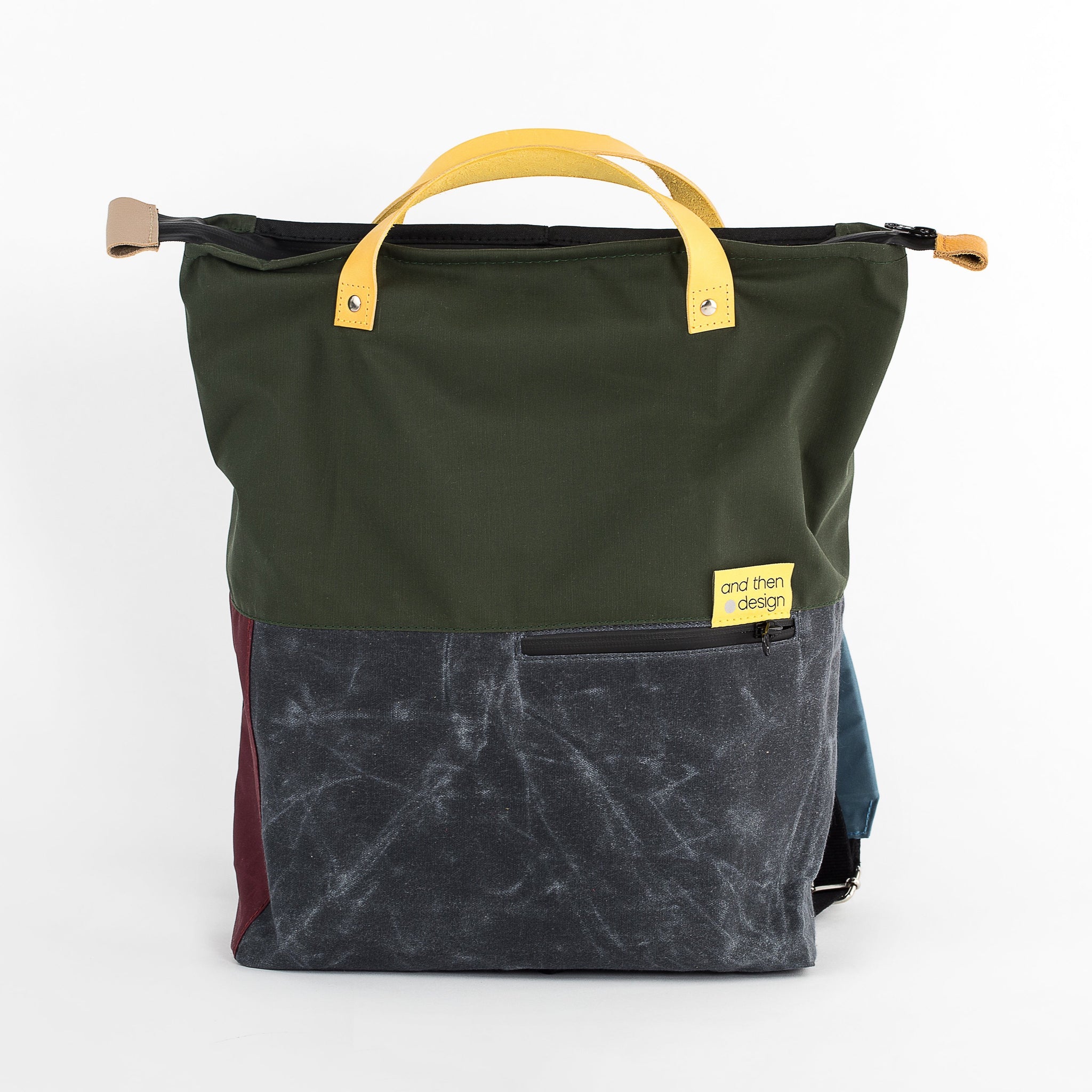andthen.design an evolution of Vel-Oh.com-Dave | Backpack zero-1 colourblock backpack, odd straps, zero waste backpack, handmade using offcuts, waxed cotton backpack with handles