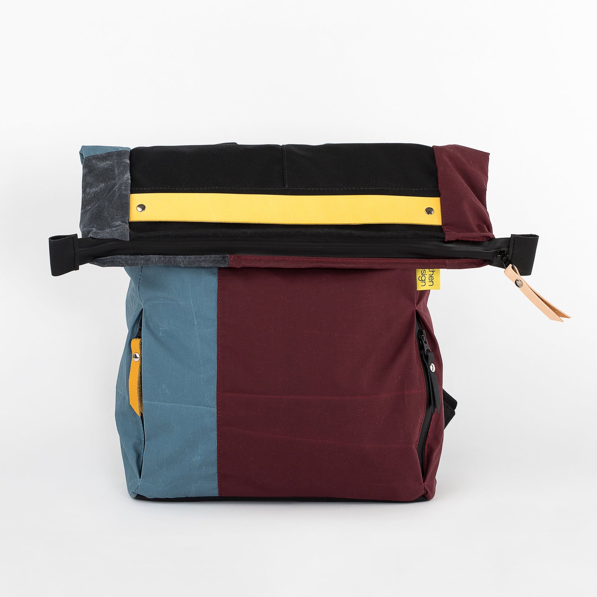 andthen.design an evolution of Vel-Oh.com-FlopTop | Backpack zero-1 colourblock backpack, colorblock backpack, odd straps, zero waste backpack, handmade backpack using off cuts