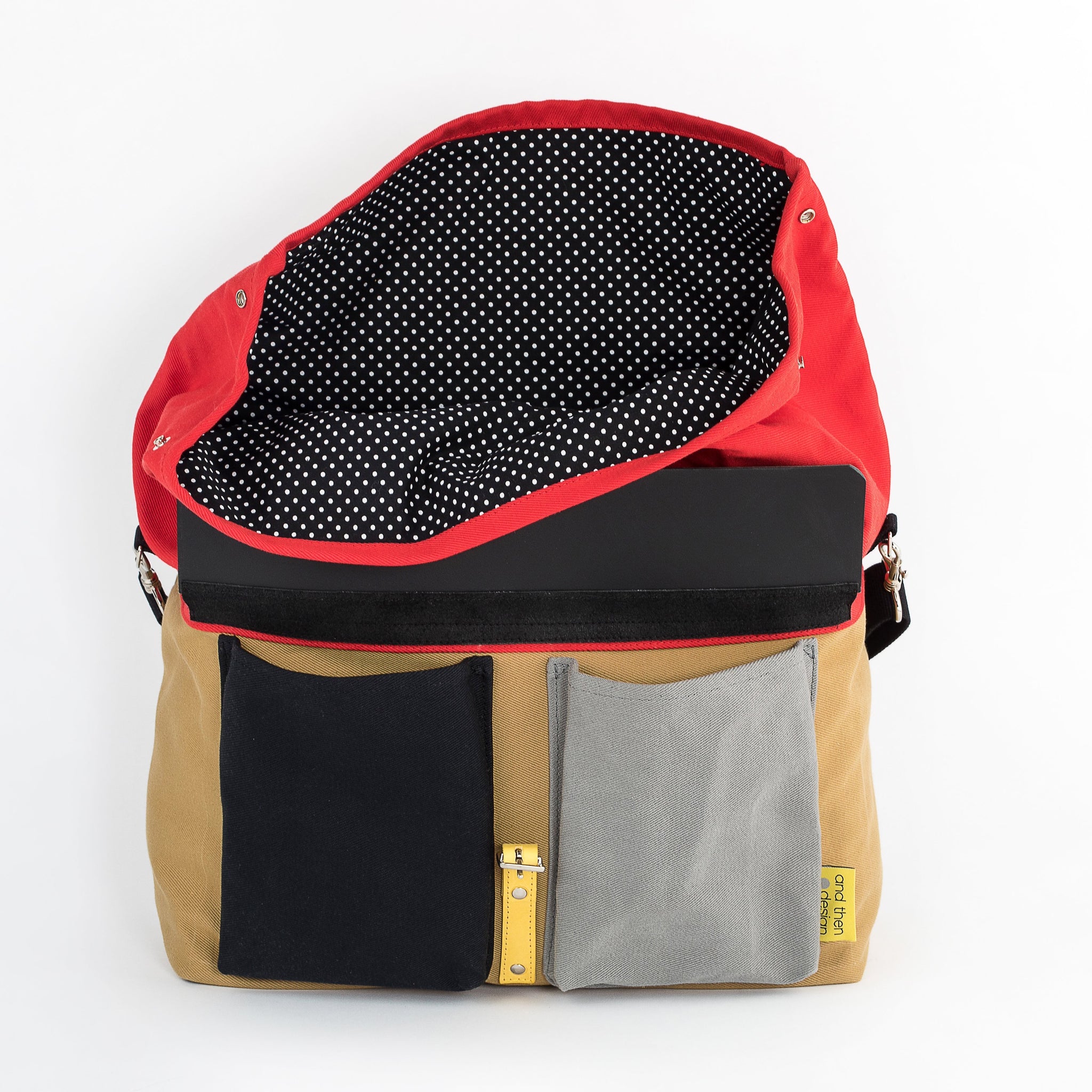 andthen.design an evolution of Vel-Oh.com-Howl | Backpack, shoulder bag zero-1 zero waste colour block backpack with shoulder strap, odd straps, polka dot lining