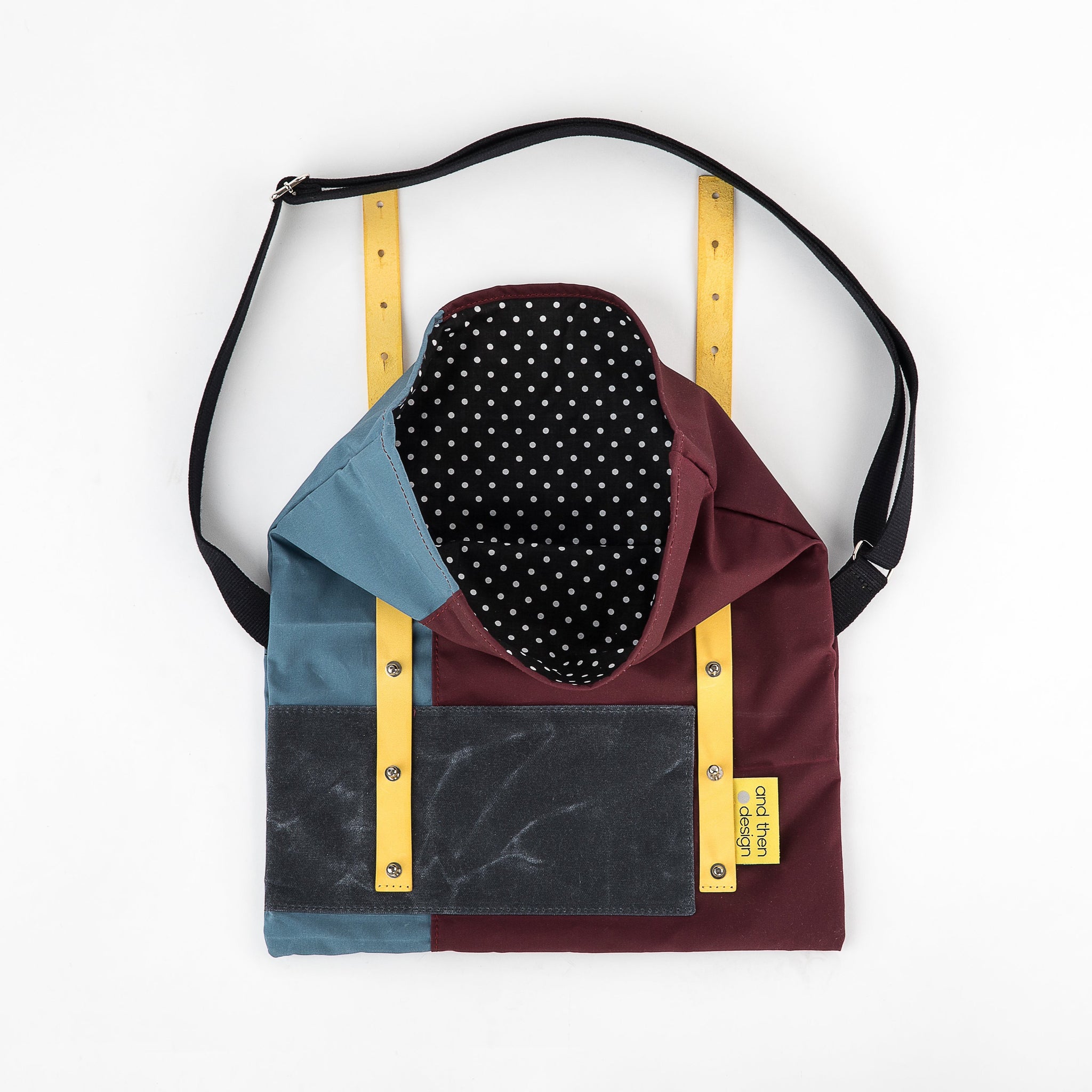 andthen.design an evolution of Vel-Oh.com-Nip Out Bag | Musette zero-1 zero waste shoulder bag, musette, great for cycling or just a small shoulder bag with polka dot lining
